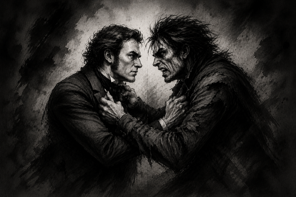 Illustration of Dr. Jekyll and Mr. Hyde as counterparts for AI work.